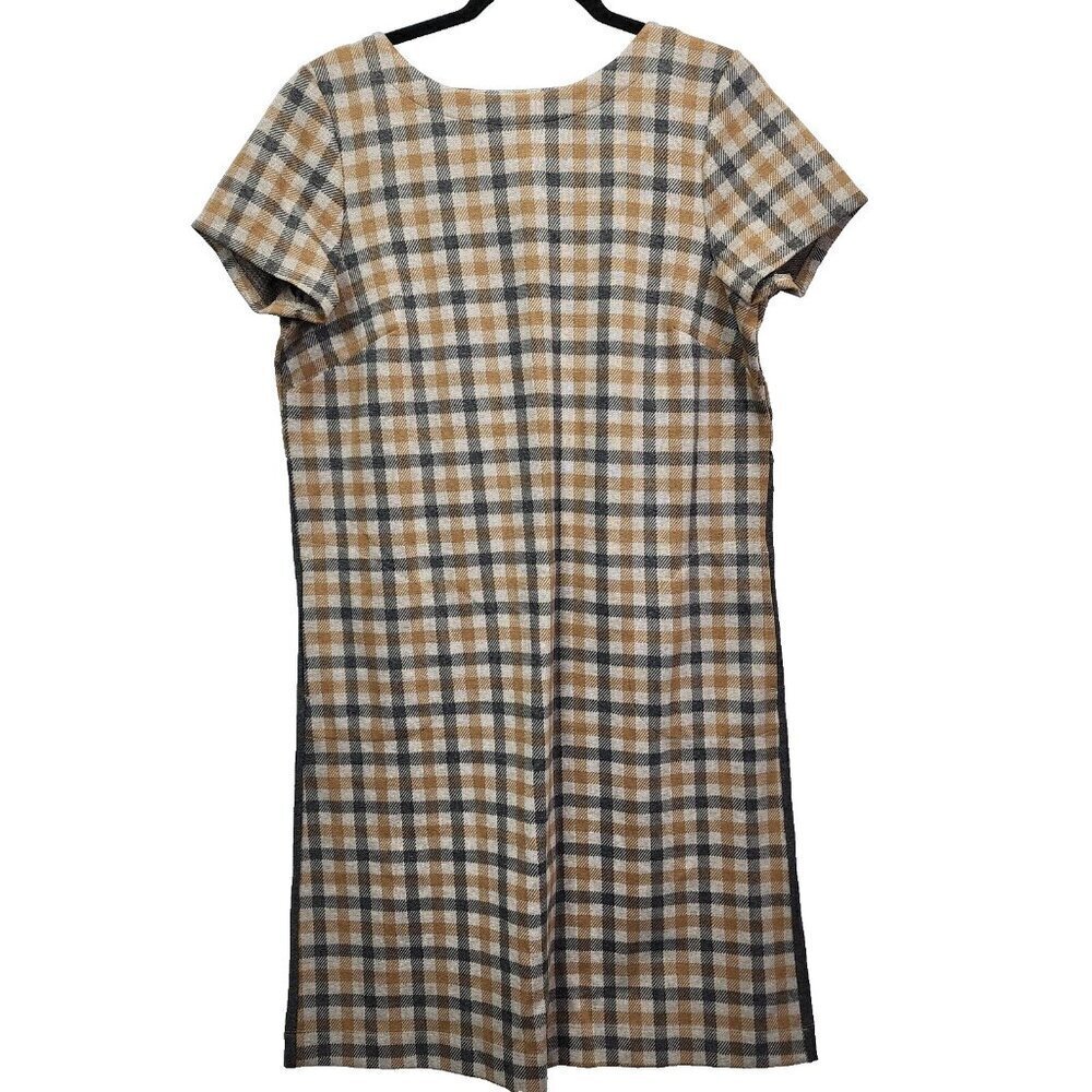 J.Jill Womens Sheath Dress Multicolor Beige Plaid Stretch Short Sleeve M Tall